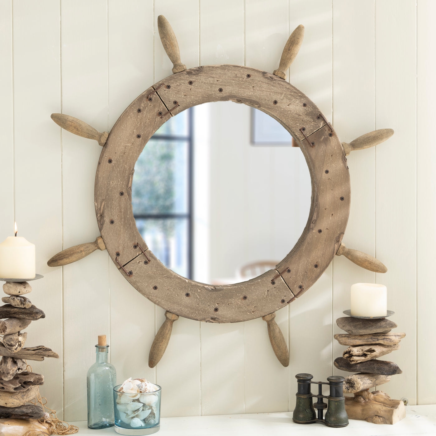 Ships Wheel Mirror Featuring Eight Spokes and Distressed Wood