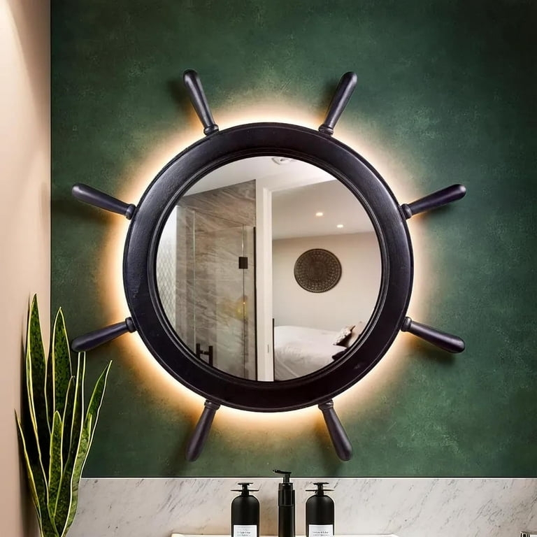 Ships Wheel Mirror with Integrated Backlighting and Matte Black