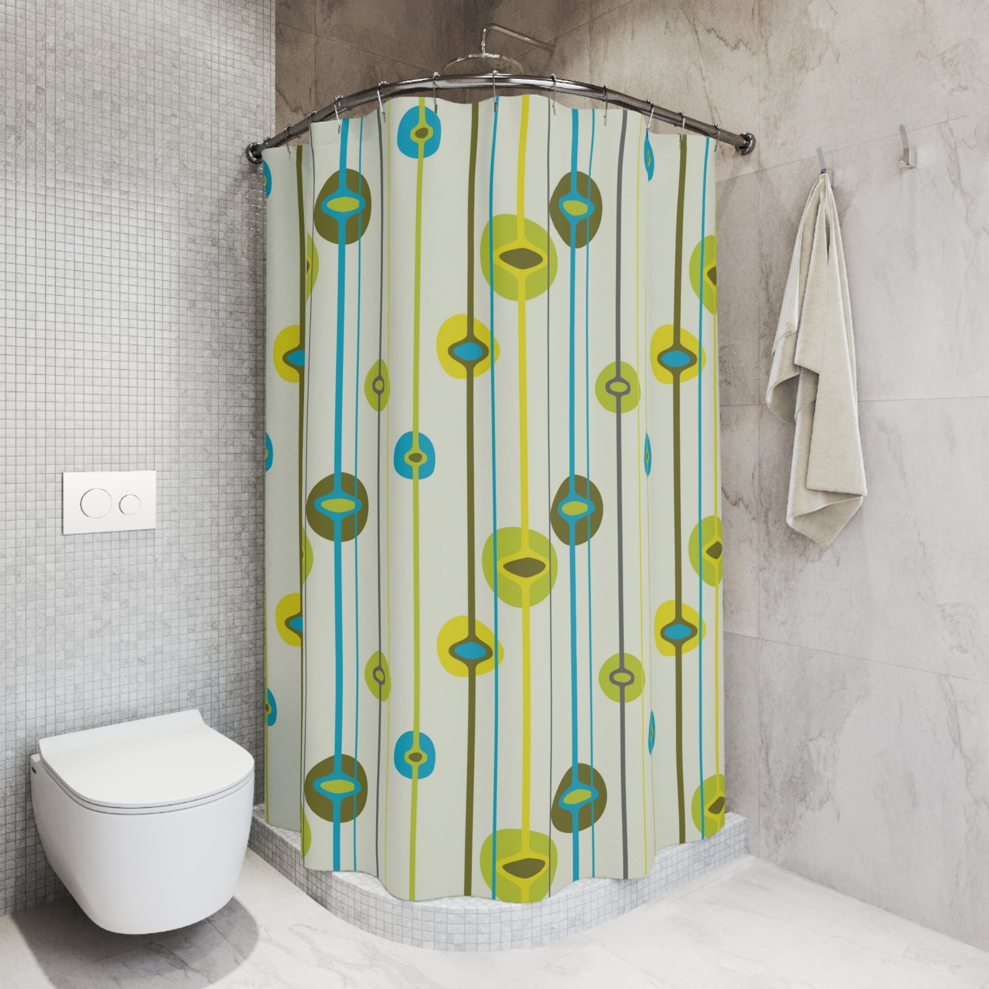 Shower Curtain Abstract Orbs Lines Avocado Green Retro 50s