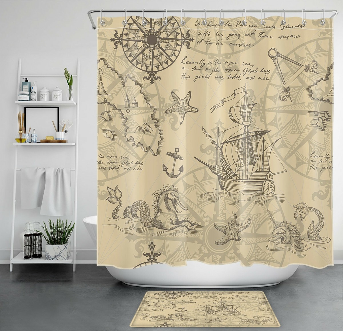 Shower Curtain: Aged Map Aesthetic and Mythological Creatures