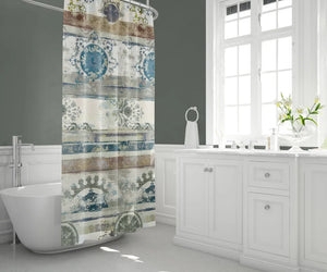 Shower Curtain: Banded Medallion Pattern with Distressed Blue