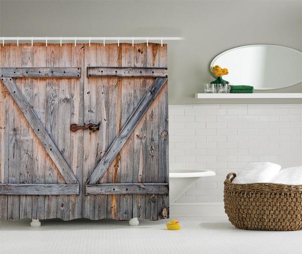 Shower Curtain: Barn Door Graphic with Weathered Wood Print