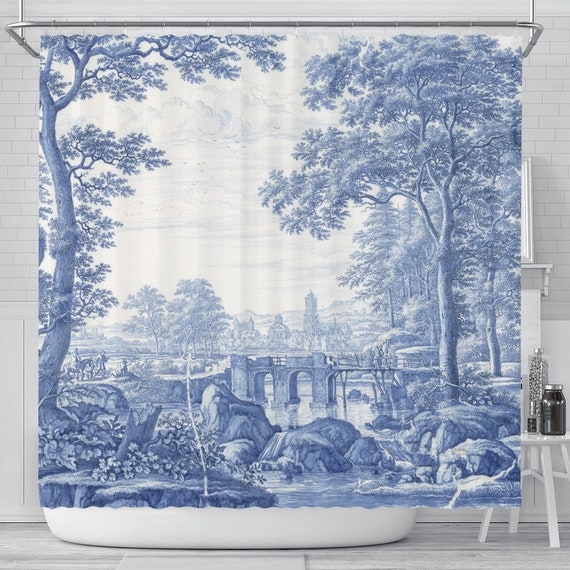 Shower Curtain: Blue Toile de Jouy Monochromatic Landscape