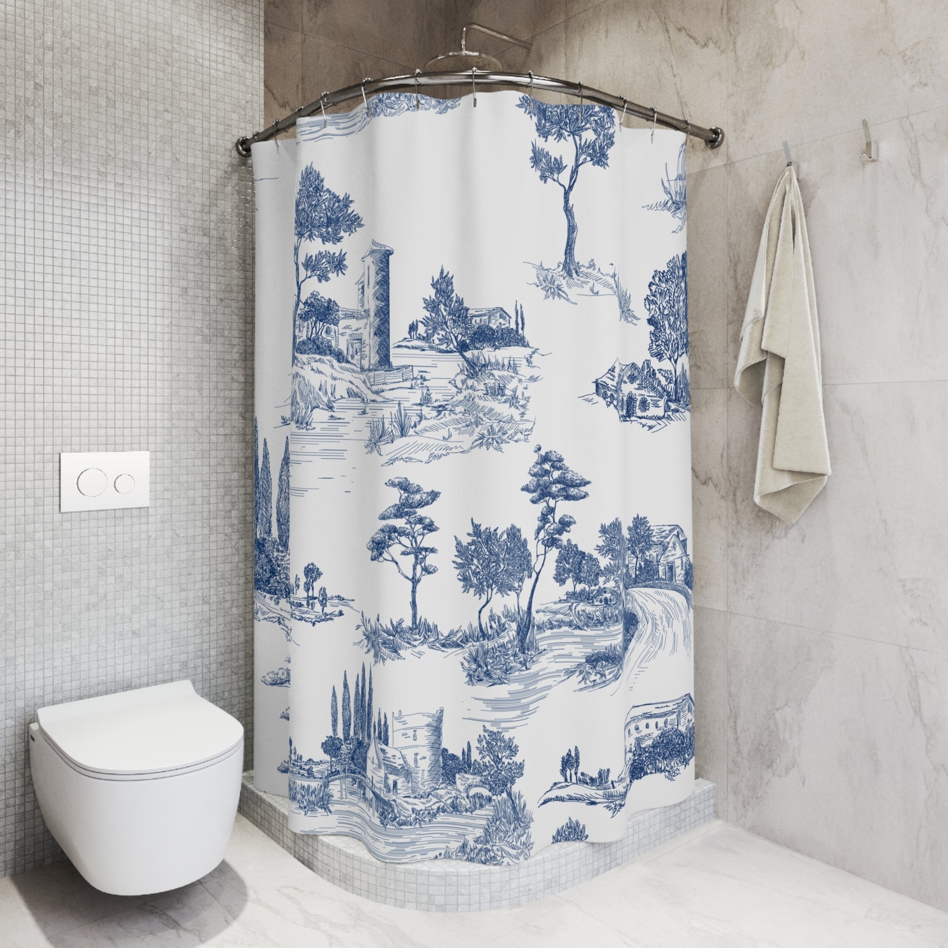 Shower Curtain Blue Toile de Jouy Print Landscape Bathroom