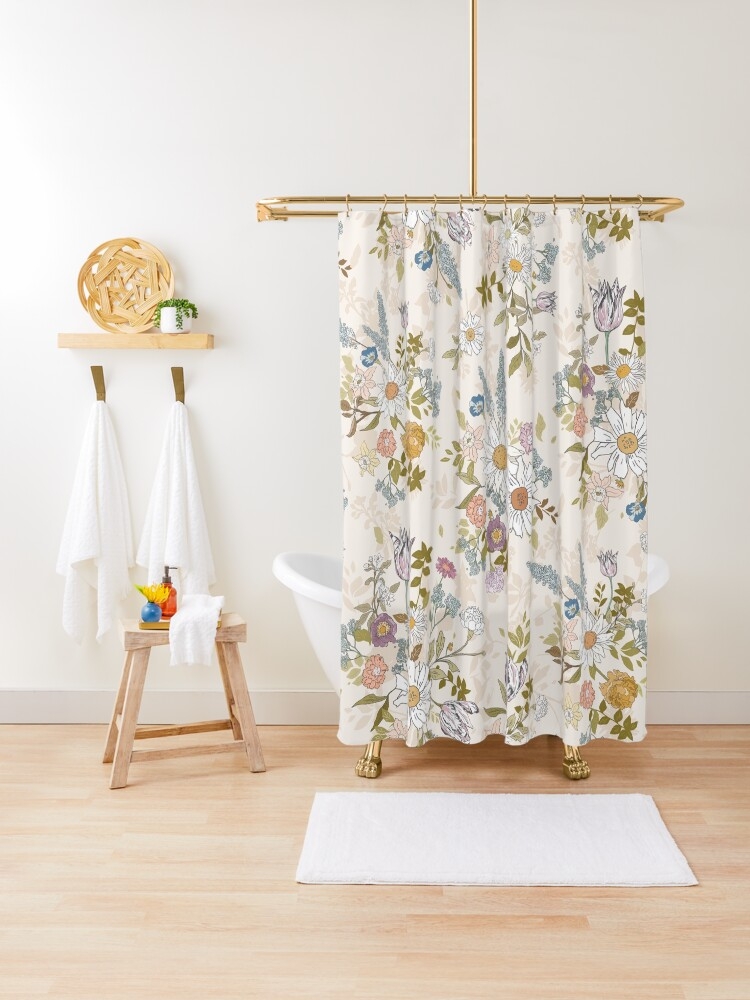 Shower Curtain Botanical Print Boho Floral Theme Bathroom