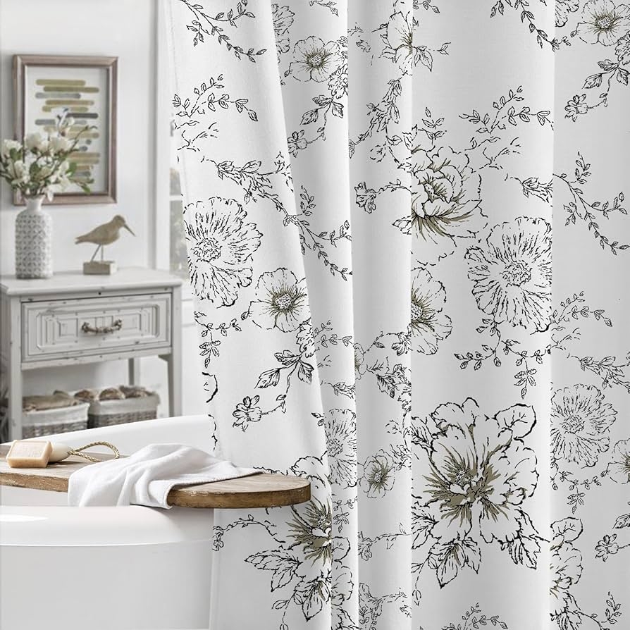 Shower Curtain Charcoal Line Art Oversized Floral Farmhouse