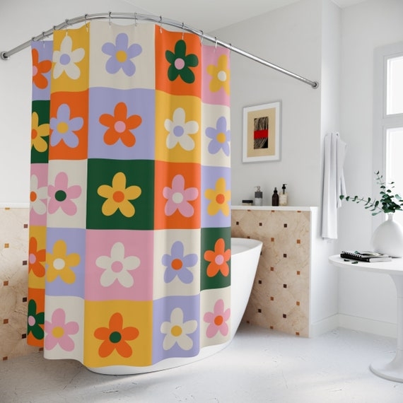 Shower Curtain: Checkered Floral Print with 70s Retro Daisies