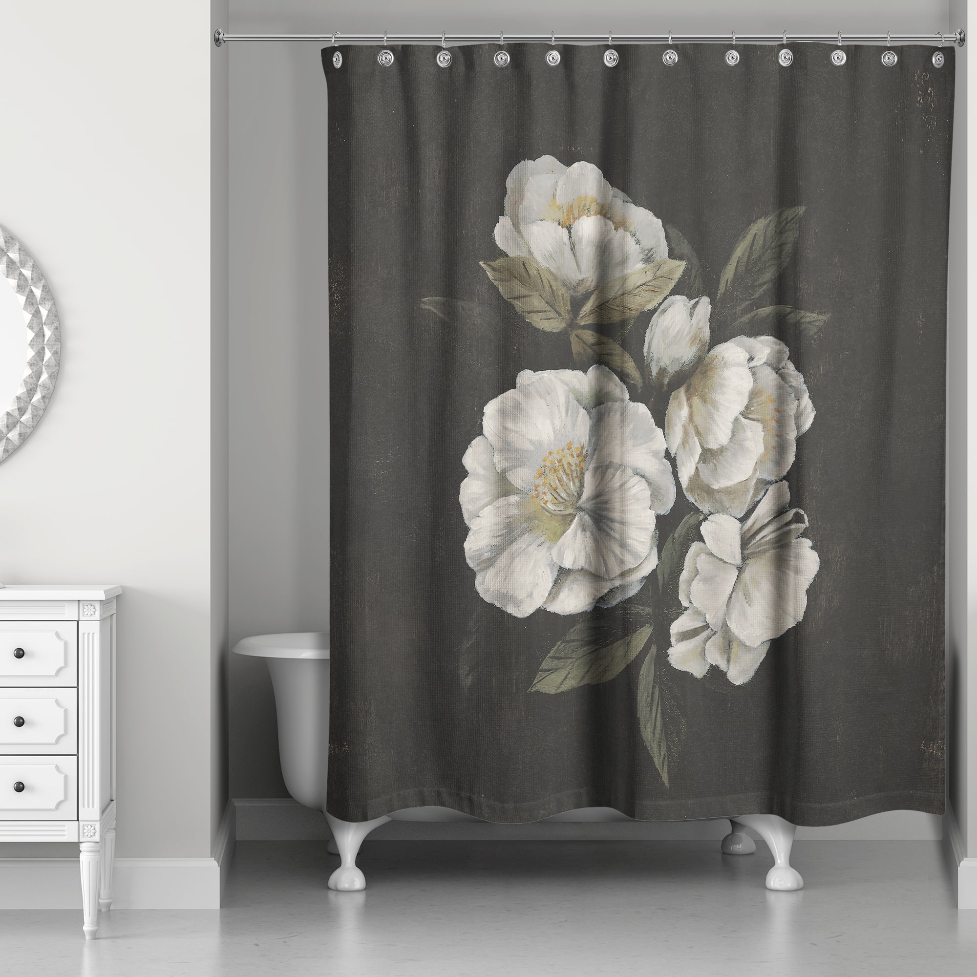 Shower Curtain: Dark Floral Print with Moody Charcoal Base