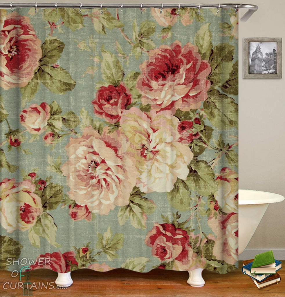 Shower Curtain Distressed Vintage Finish Oversized Rose Print