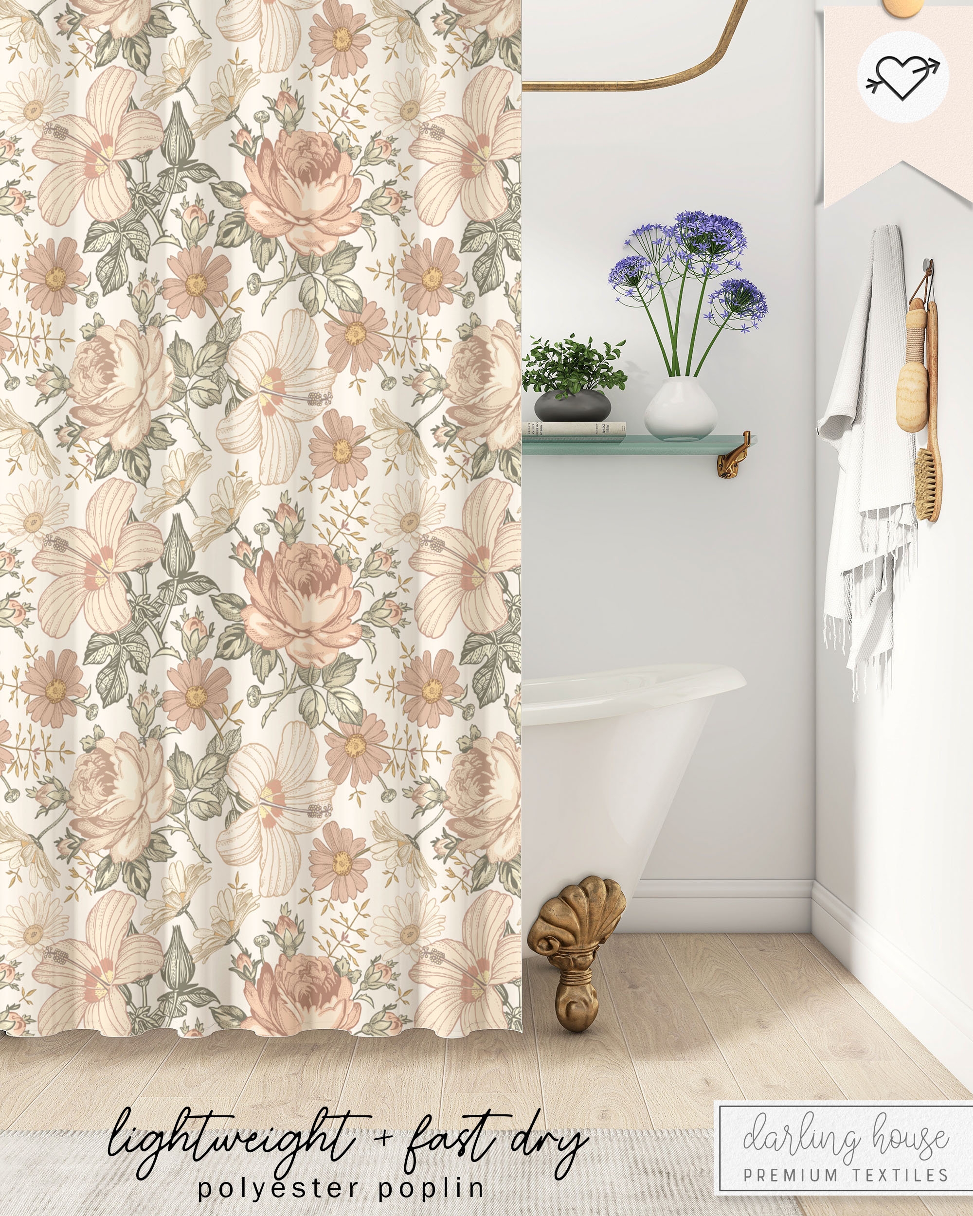 Shower Curtain Engraved Floral Pattern Blush Pink Polyester