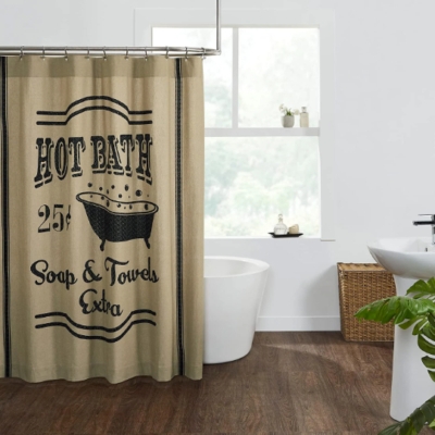 Shower Curtain: Farmhouse Typography and Grain Sack Stripes