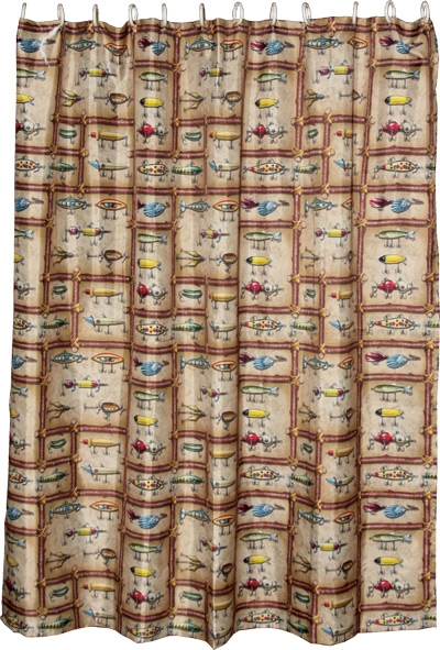 Shower Curtain: Fishing Lure Print in Lodge Gridded Layout