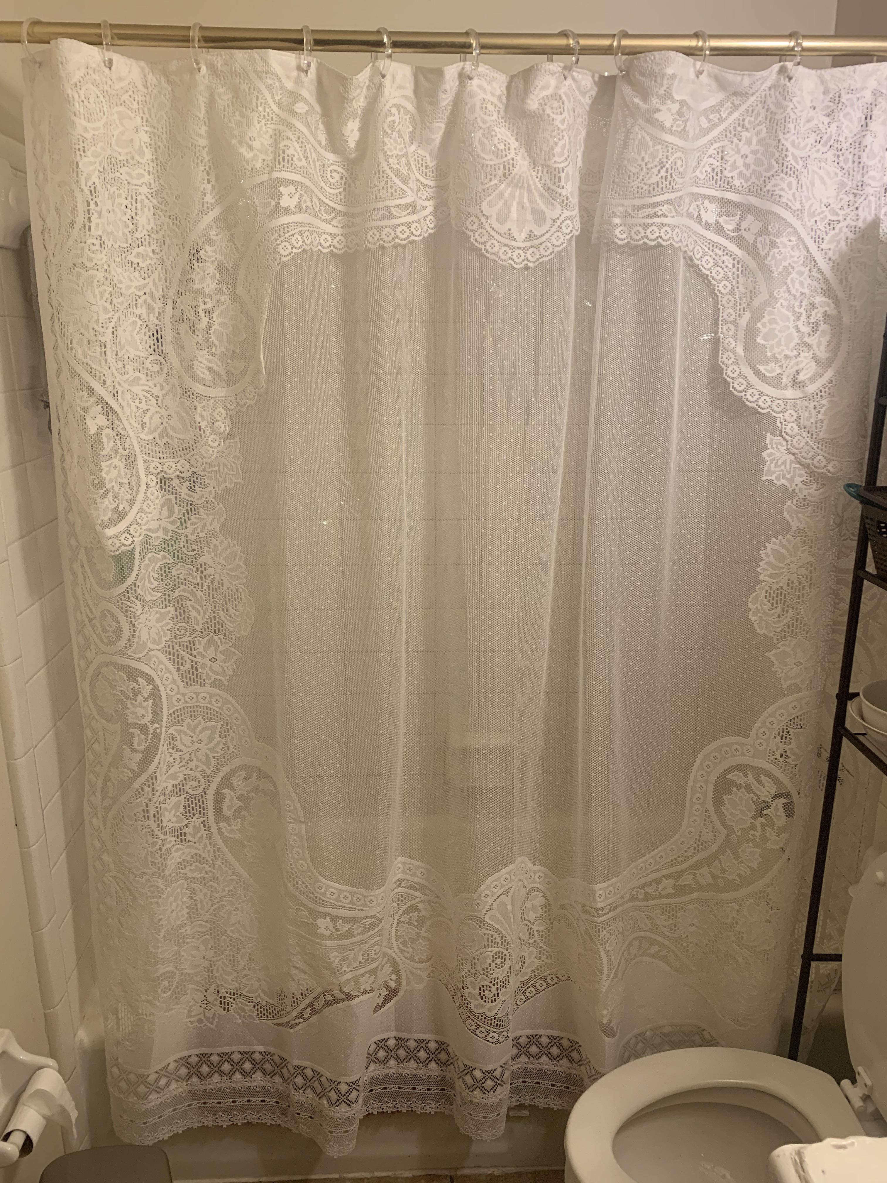 Shower Curtain: Floral Lace and Scalloped Edge Swiss Dot