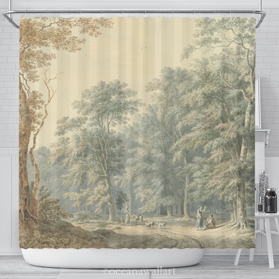 Shower Curtain Forest Etching Scene Romantic Landscape Bath