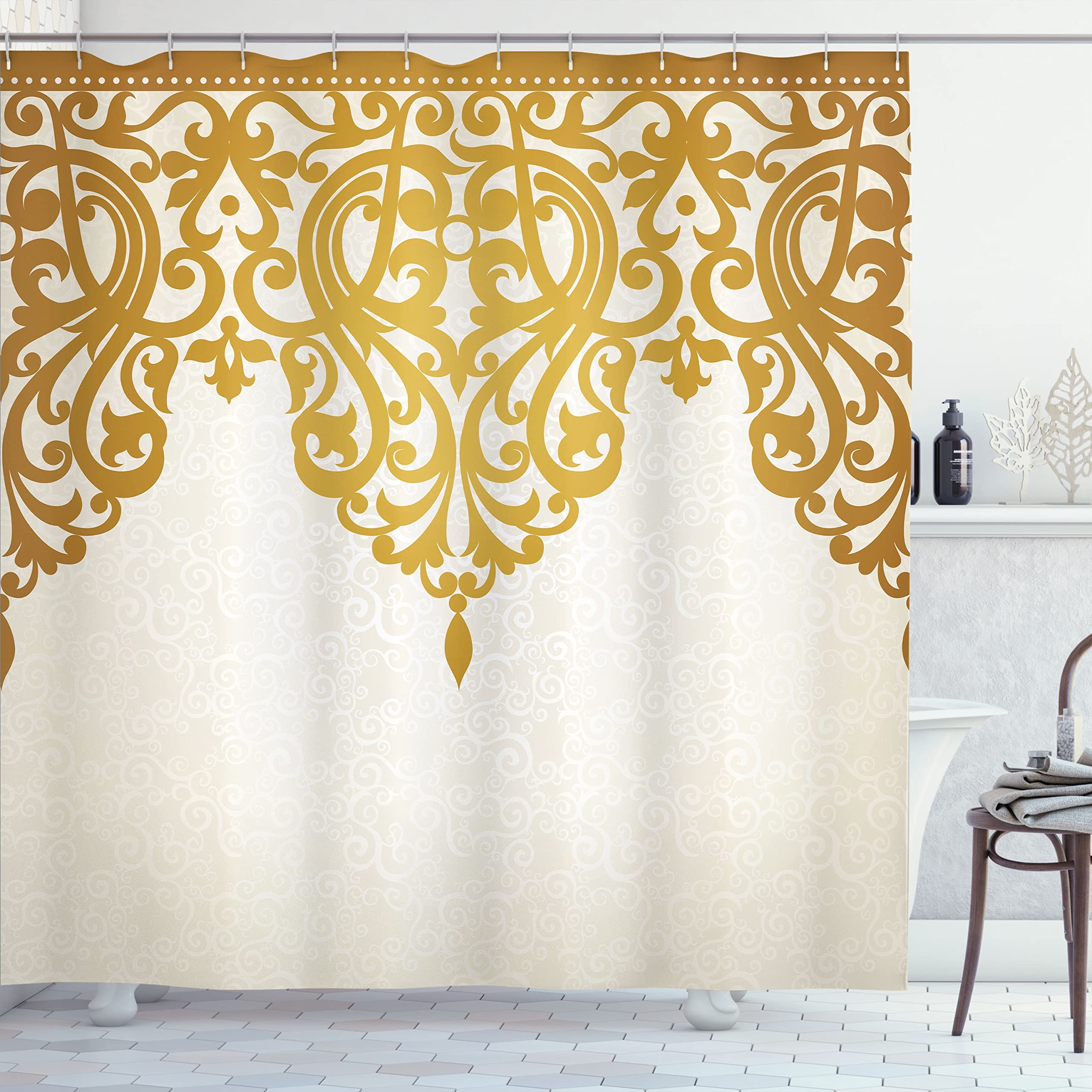 Shower Curtain: Gold Filigree Baroque Top with Medieval Motifs