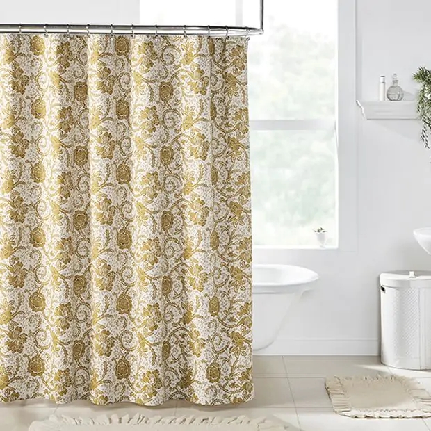 Shower Curtain: Gold Floral Pattern with Scrolling Vine Motif