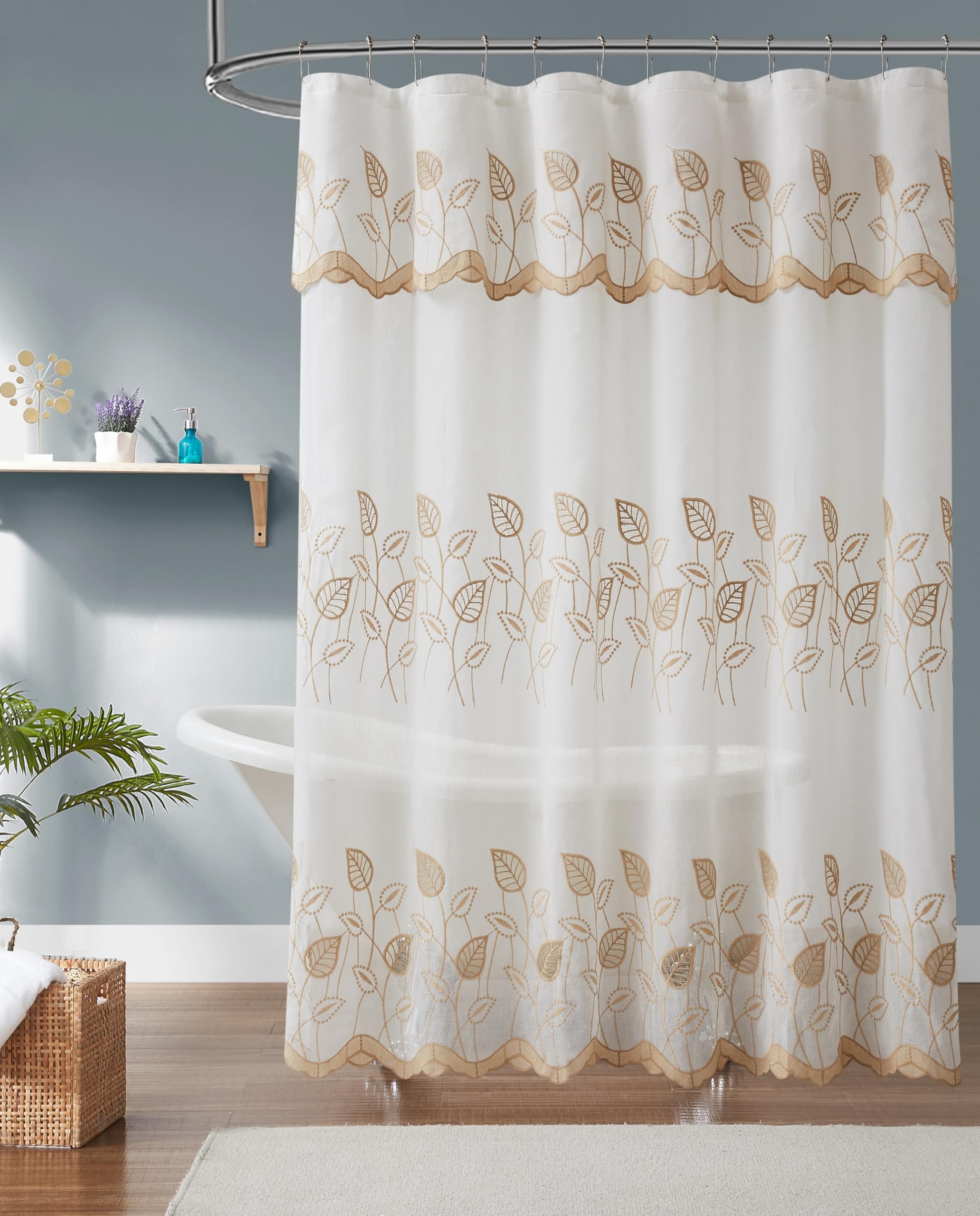Shower Curtain Gold Leaf Embroidery Scalloped Valance Decor