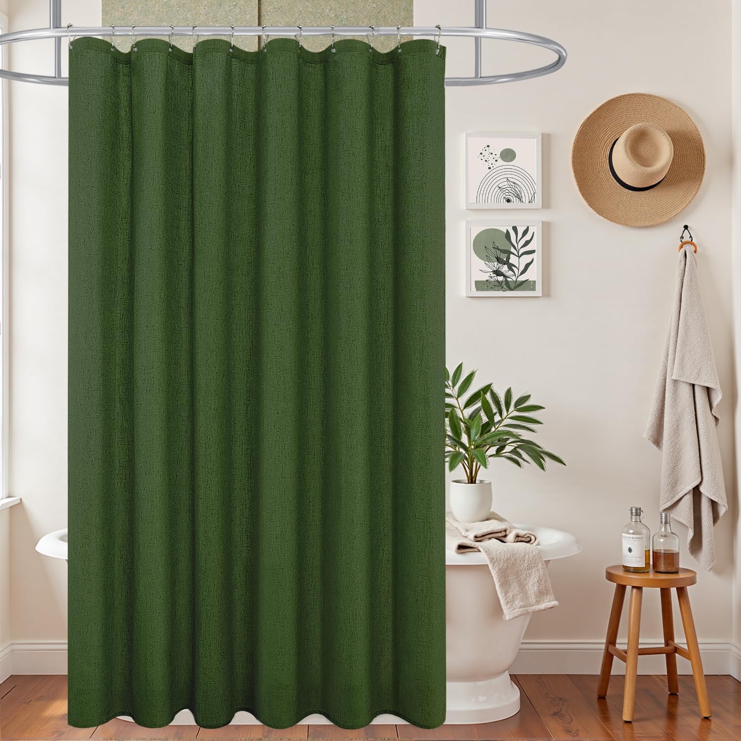 Shower Curtain in Olive Green Linen Texture for Boho Chic