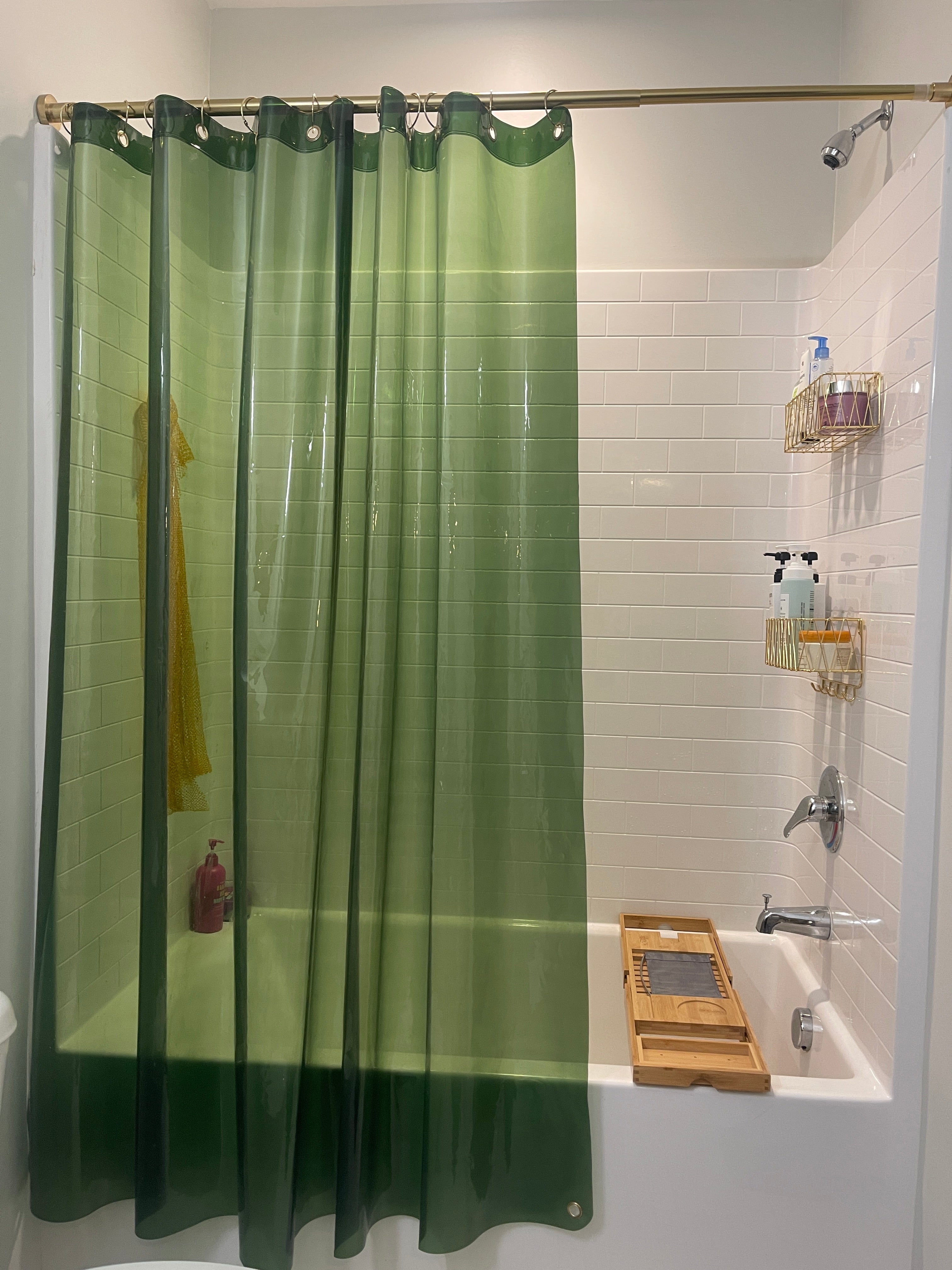 Shower Curtain in Translucent Olive with Modern Grid