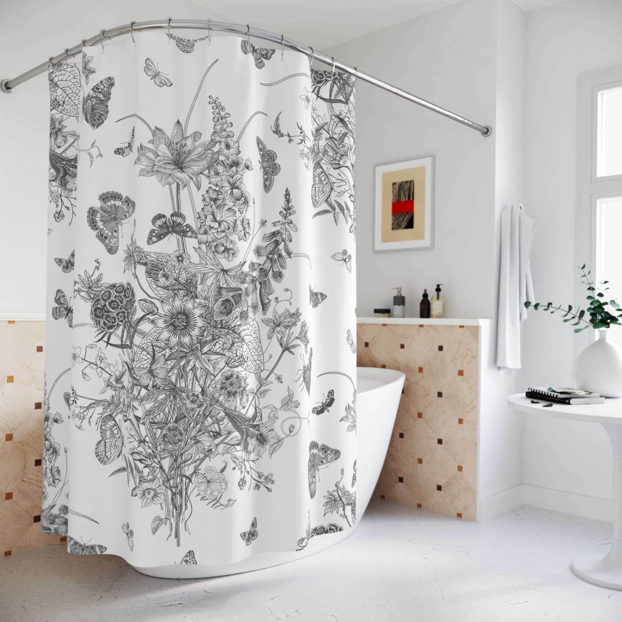 Shower Curtain: Intricate Botanical Illustration with Butterflies