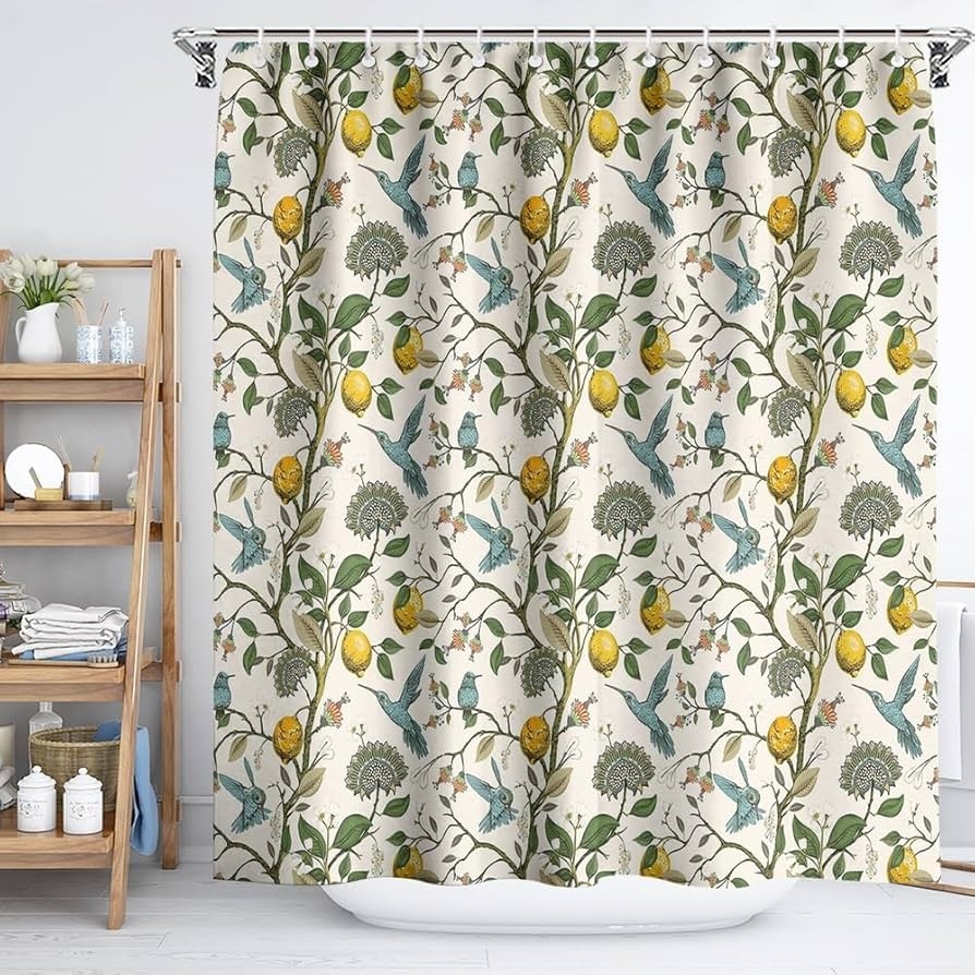 Shower Curtain: Lemon Tree Pattern and Blue Hummingbird