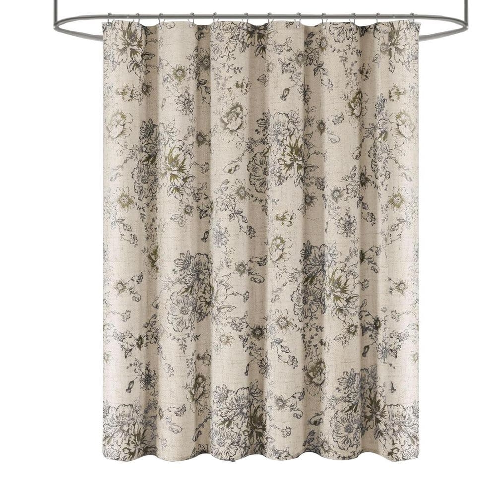 Shower Curtain Linen Texture Botanical Sketch Print Rustic