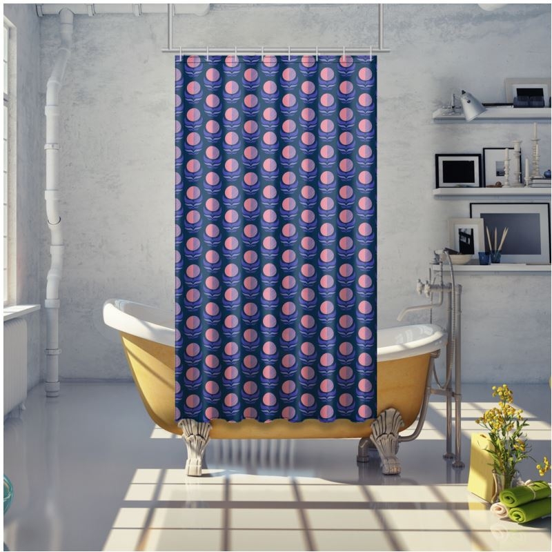 Shower Curtain Navy Pink Abstract Floral Pattern 70s Retro