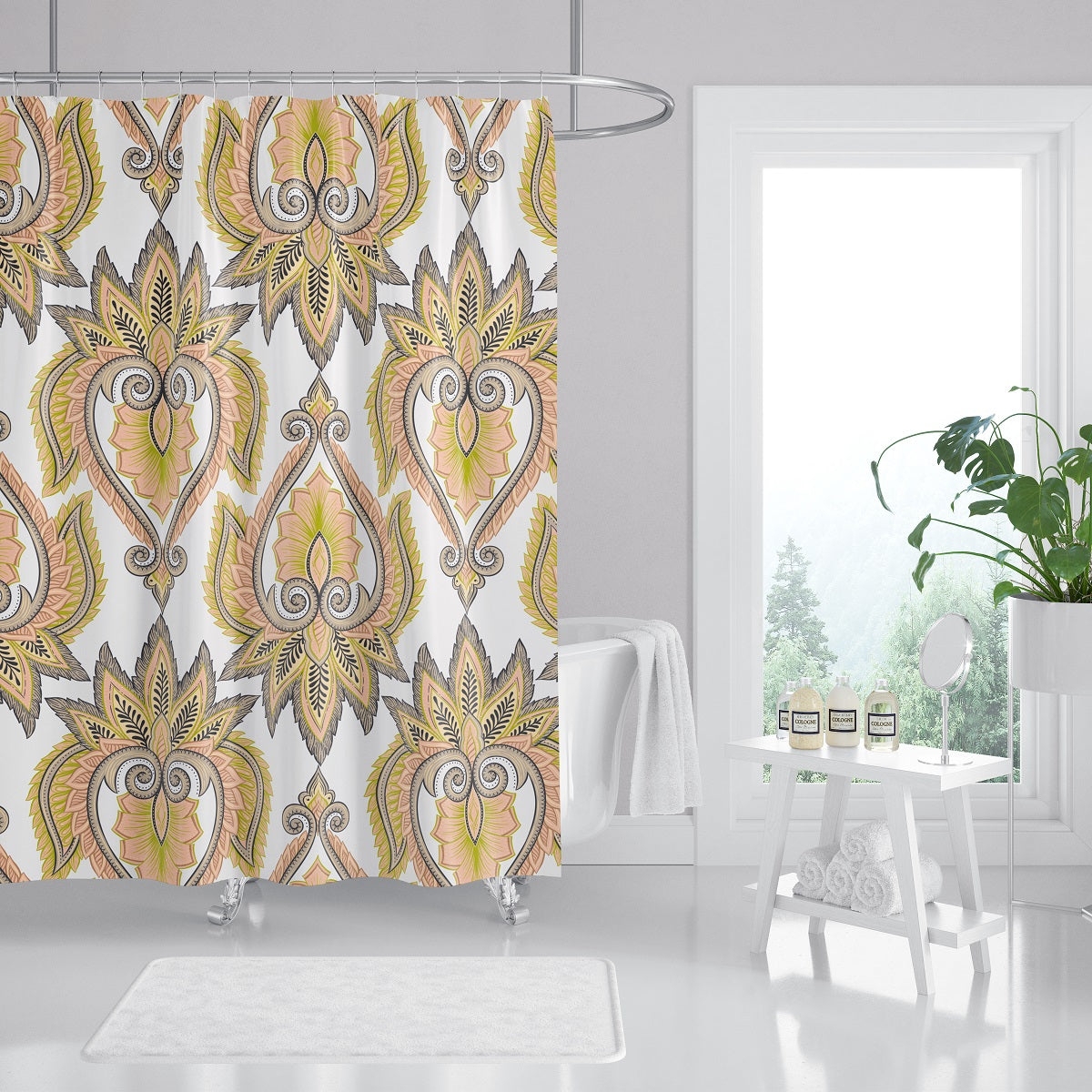 Shower Curtain: Ornate Damask Medallion in Sage and Peach