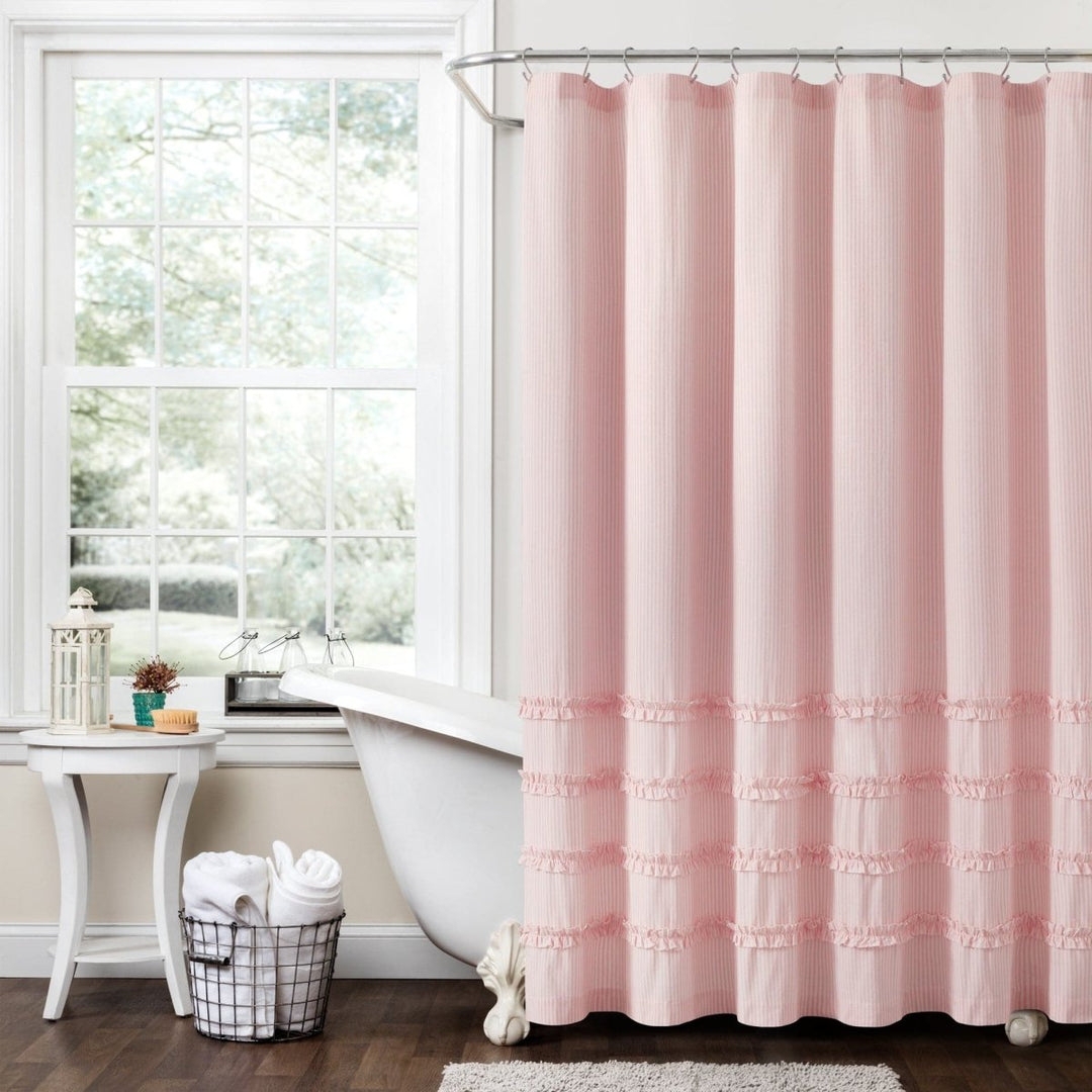 Shower Curtain Pastel Pink Cotton Horizontal Ruffles Shabby