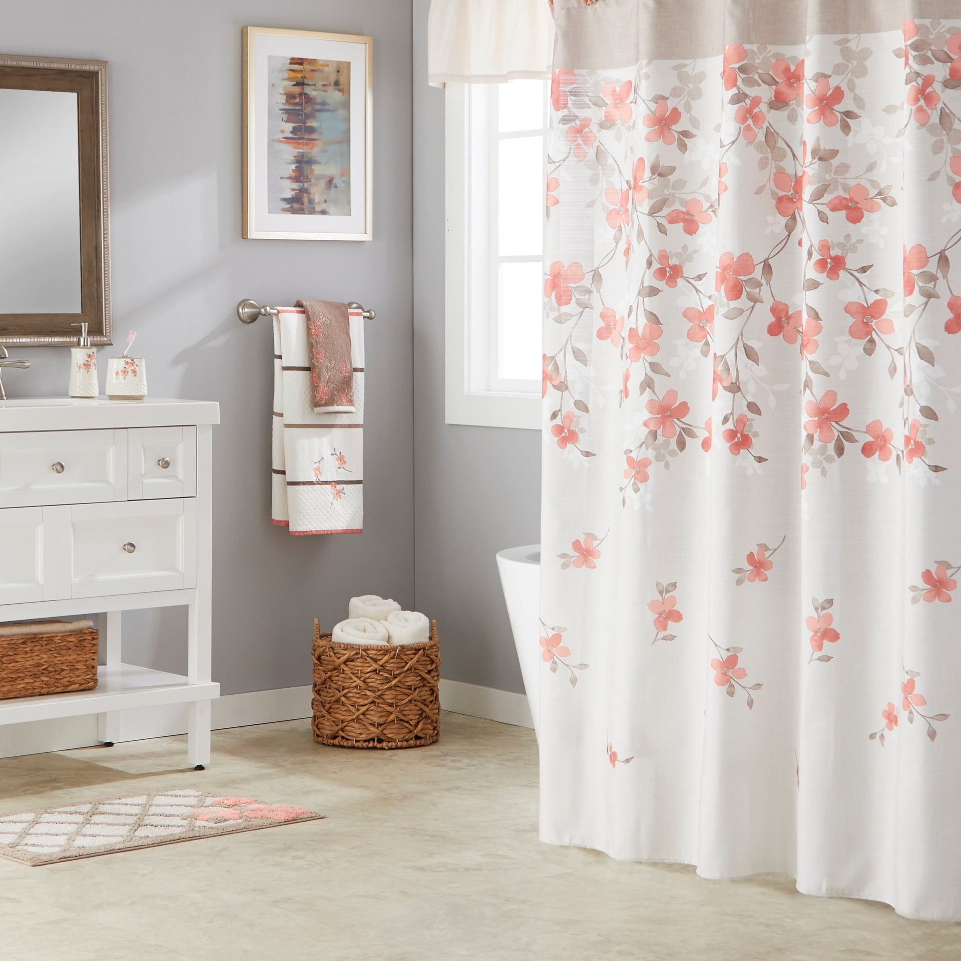 Shower Curtain Ruffled Header Floral Trail Design