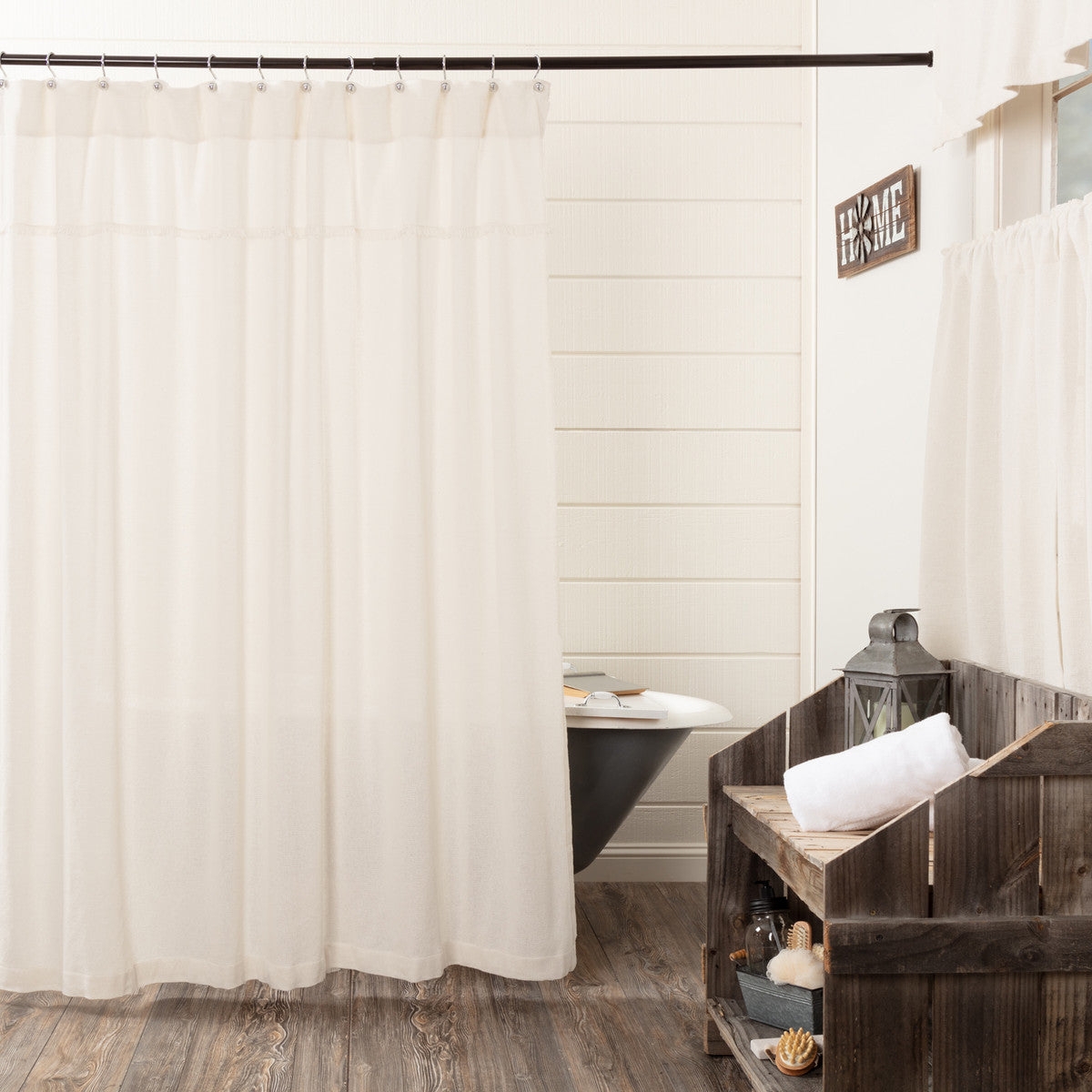 Shower Curtain: Ruffled Top Detail with Neutral Burlap Texture