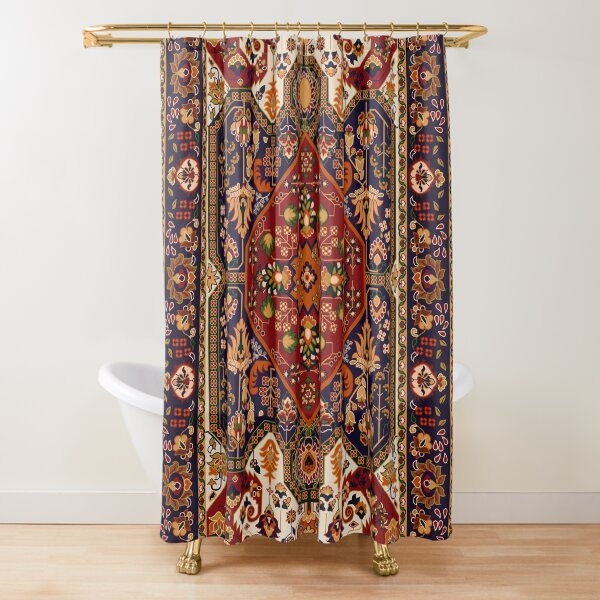 Shower Curtain: Rug Inspired Pattern in Navy and Burgundy