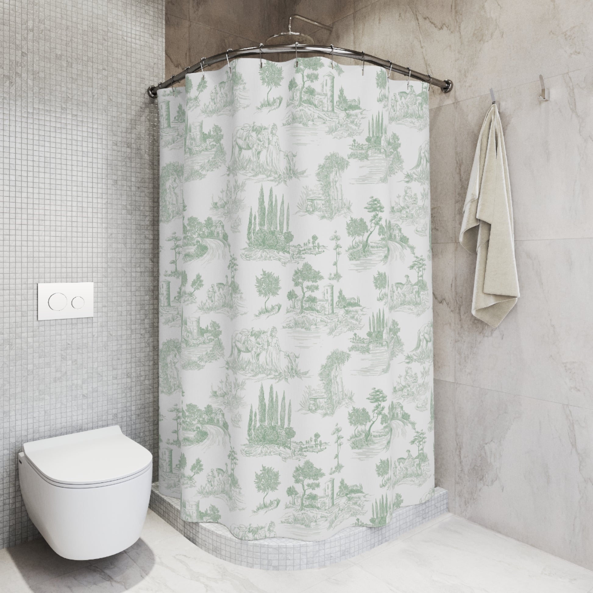 Shower Curtain Sage Green Accents Toile de Jouy French