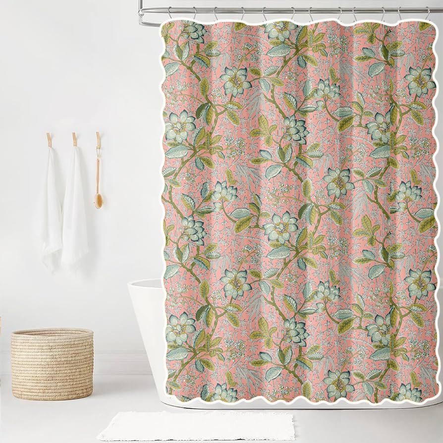 Shower Curtain Scalloped Edge Botanical Pattern Style