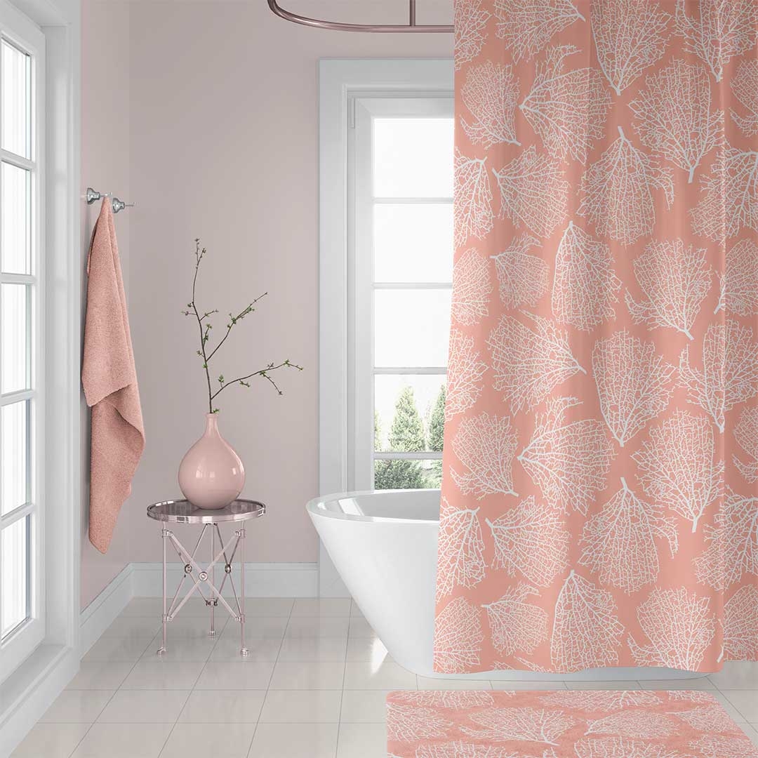 Shower Curtain Set Water Repellent Pink Coral Art Decor