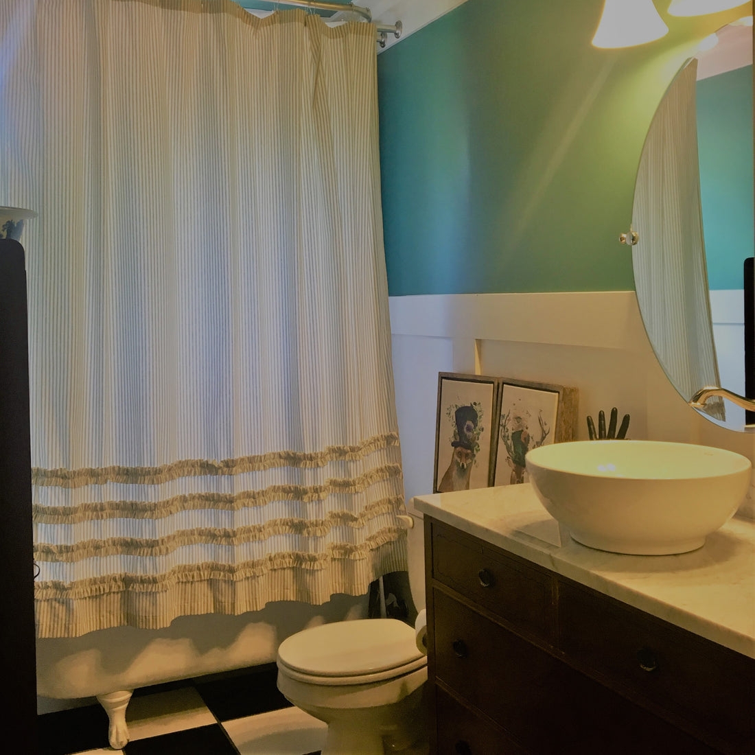Shower Curtain Ticking Stripes Ruffled Hem Vessel Sink Style