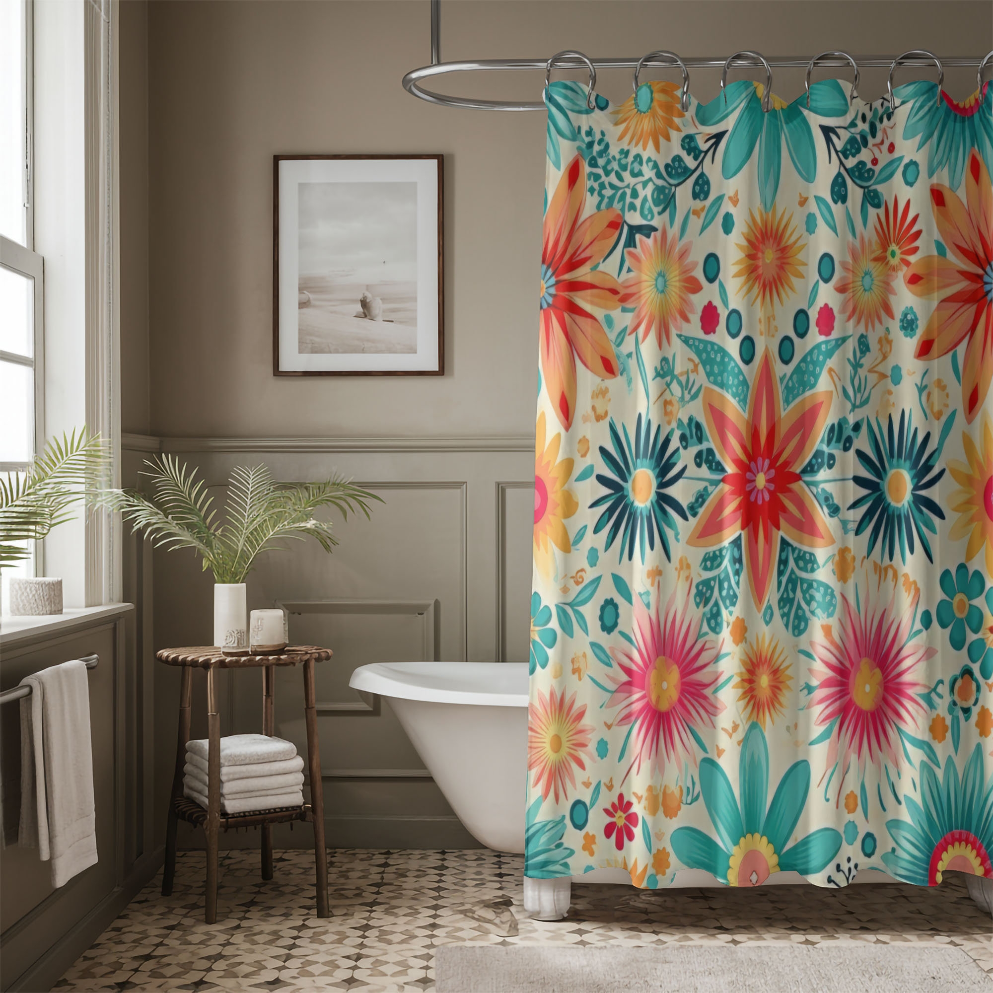 Shower Curtain Vibrant Teal Accents Oversized Floral Boho