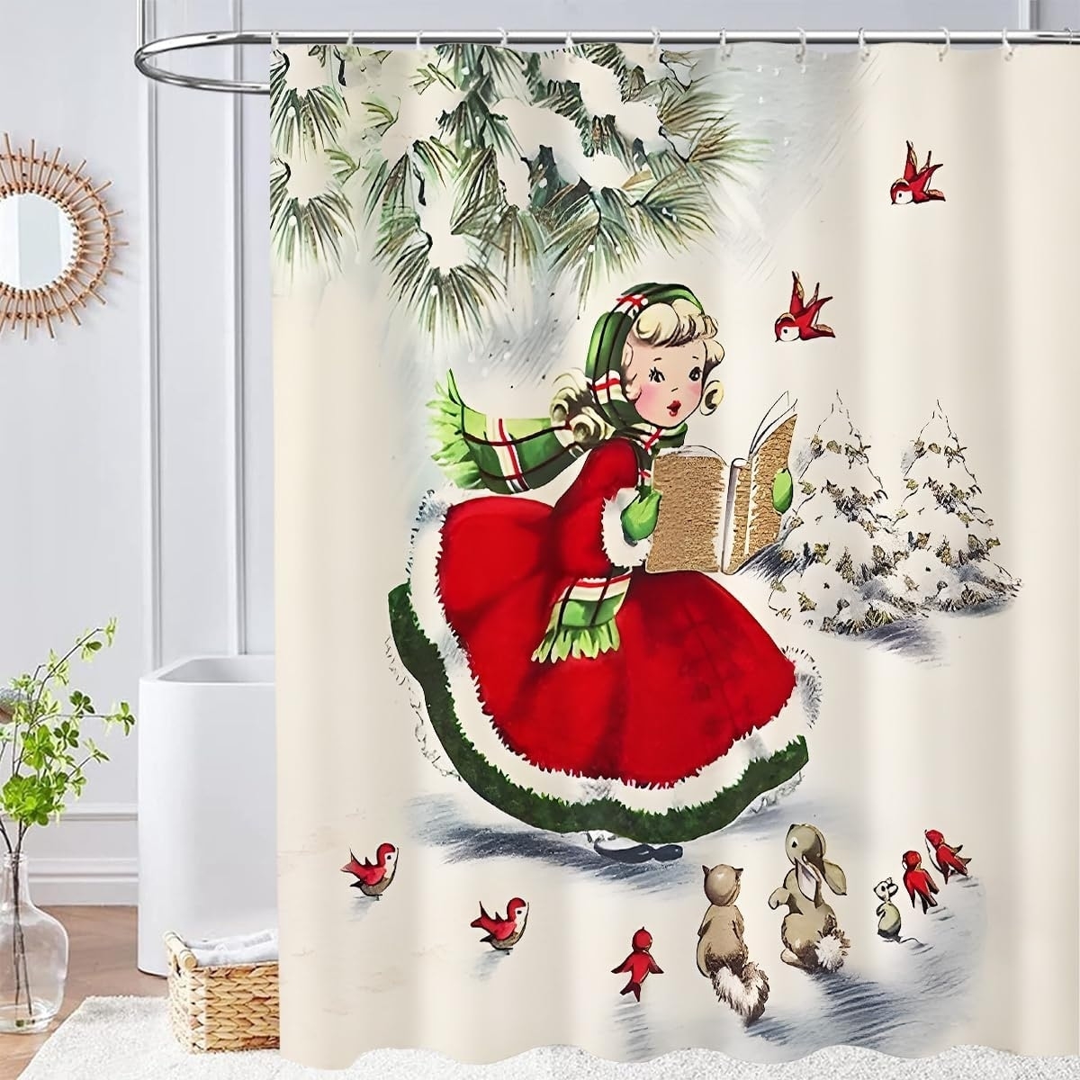 Shower Curtain Vintage Illustration Girl Caroler Holiday Art