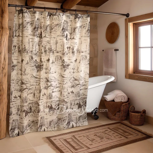 Shower Curtain Western Toile Print Cowboy Motif Cotton