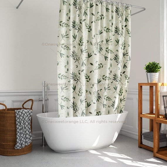 Shower Curtain with Botanical Motif on Cream Fabric Base