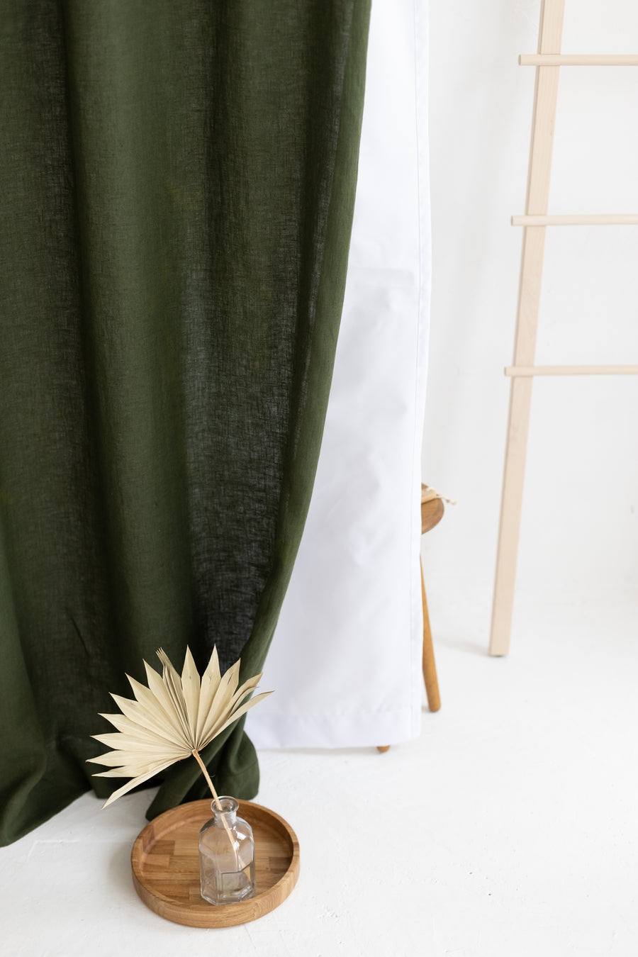Shower Curtain with Dark Olive Linen Fabric Layered Design