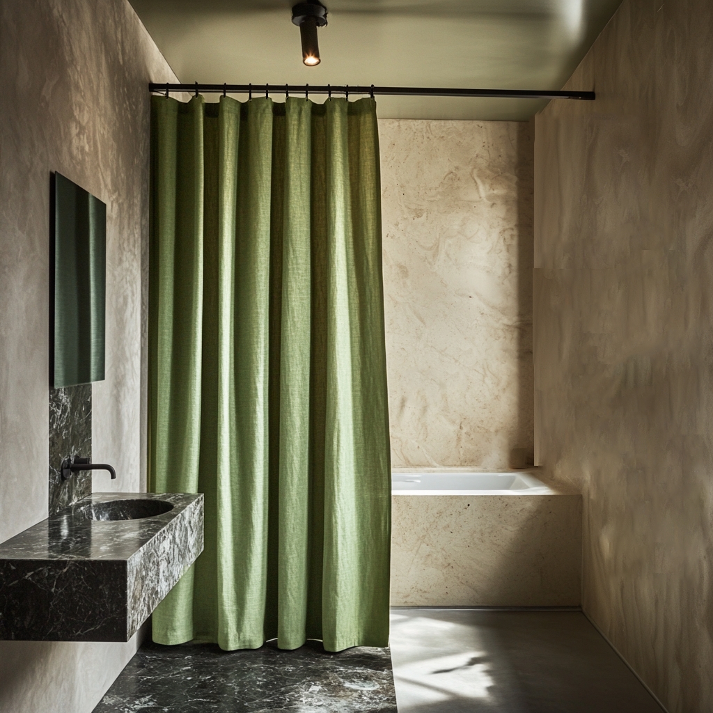 Shower Curtain with Floor to Ceiling Moss Green Linen