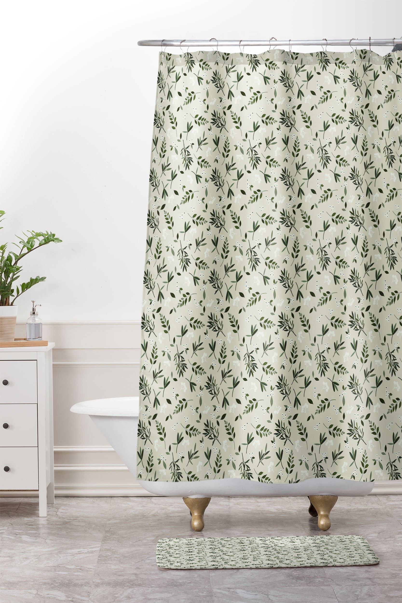Shower Curtain with Olive Leaf Pattern and Matching Mat