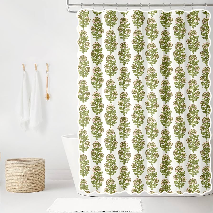 Shower Curtain with Scalloped Edge and Block Print Motif