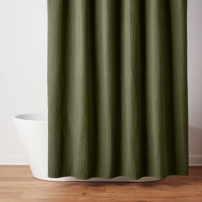 Shower Curtain with Textured Grid Waffle Weave in Green