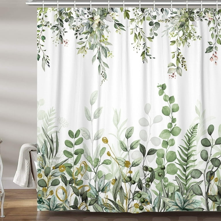 Shower Curtain with Top Border Vines and Watercolor Ferns