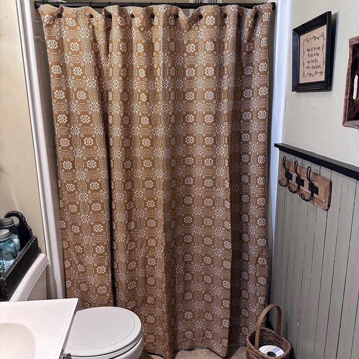 Shower Curtain: Woven Geometric Pattern with Mustard Creme