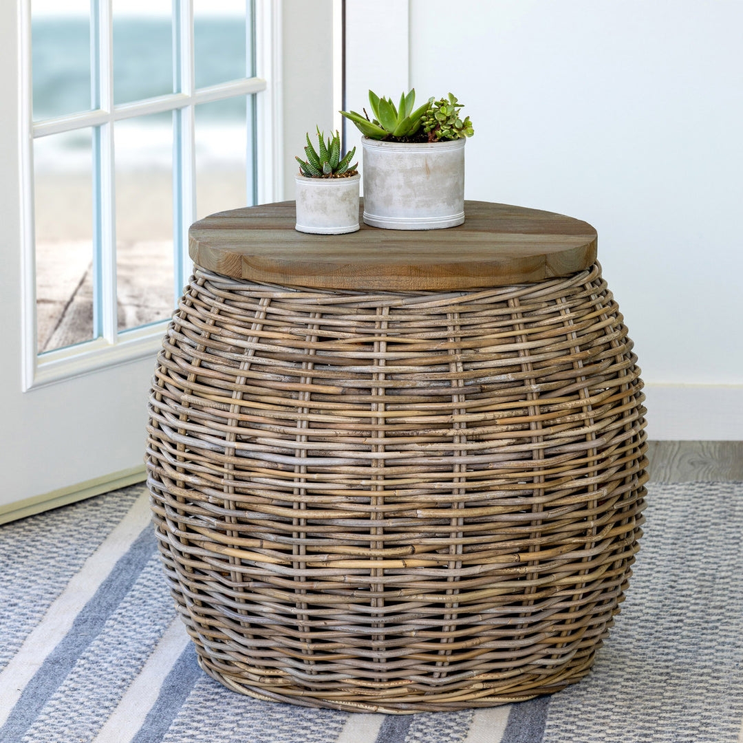 Side Table Barrel Shape Weathered Gray Woven Rattan Drum
