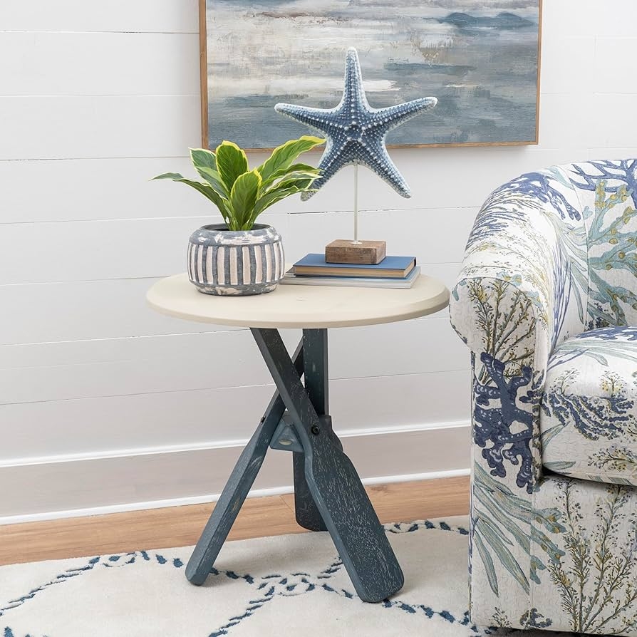 Side Table Distressed Blue Nautical Theme with Oar Shaped Legs