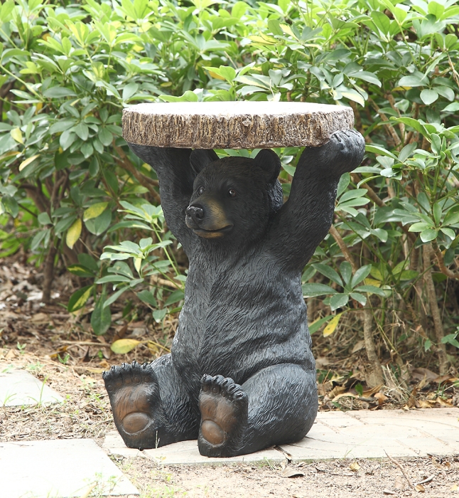 Side Table Faux Wood Slab Figural Base Black Bear Side Table